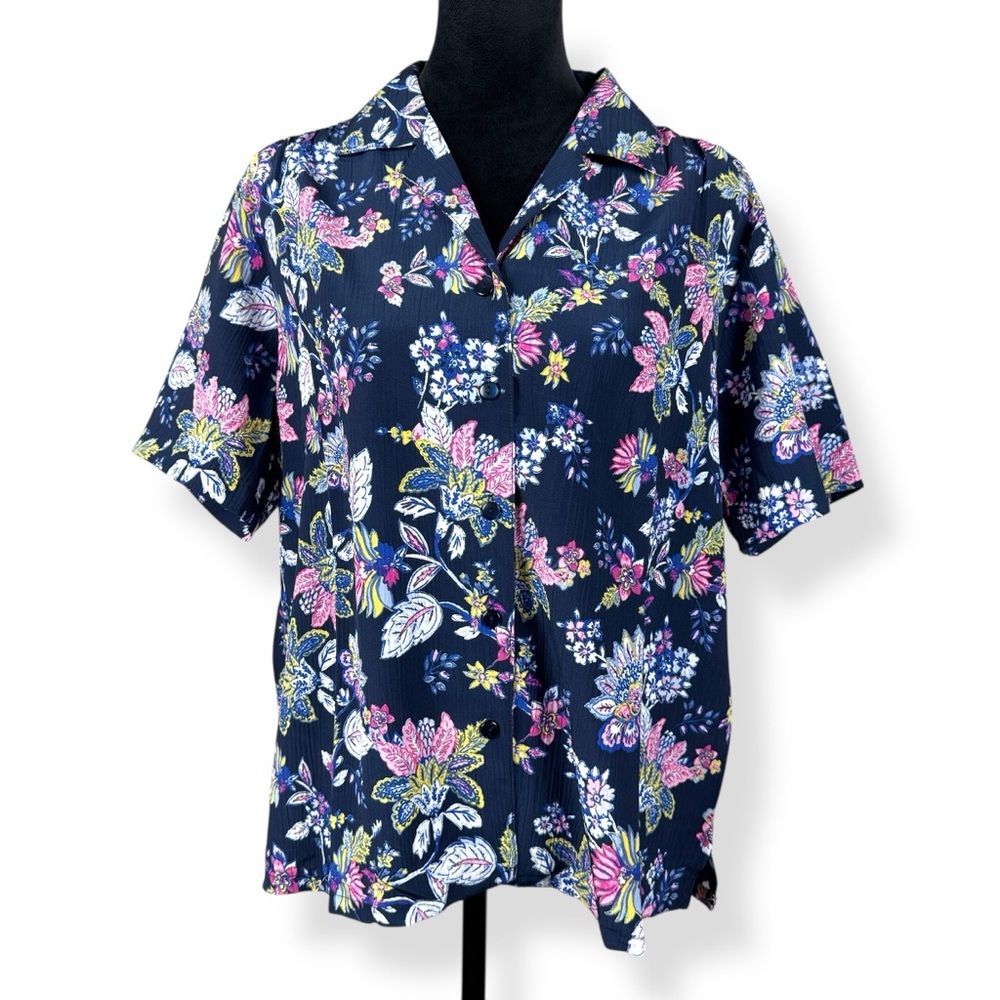 National Top Womens Petite Floral on Navy Button Down Top Short‎ Sleeve NWT